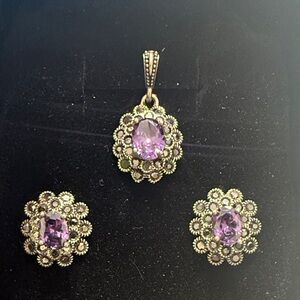 Turkish 925 Silver Purple Floral Earrings + Pedant